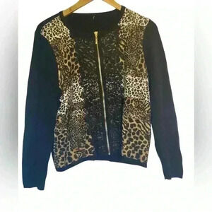 Chico's Black and Brown Leopard Zip-Front Cardigan